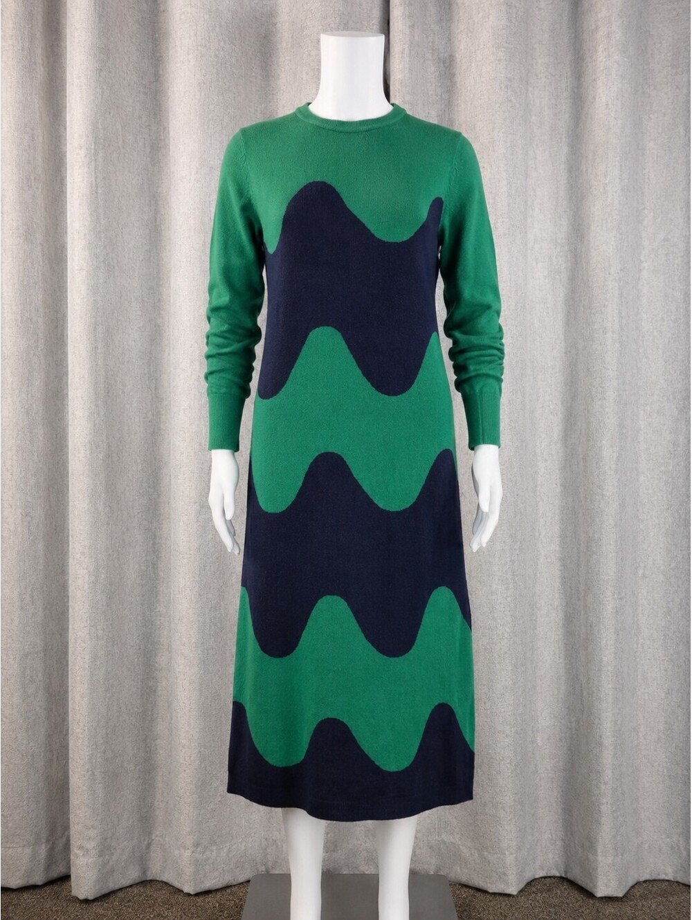 Marimekko x Uniqlo Women’s M Green Navy Wool Blend Wave Knit Midi Sweater Dress